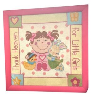 Framed Needlepoint Art Thank Heaven For Little Girls Pink Bright Bunny Nursery
